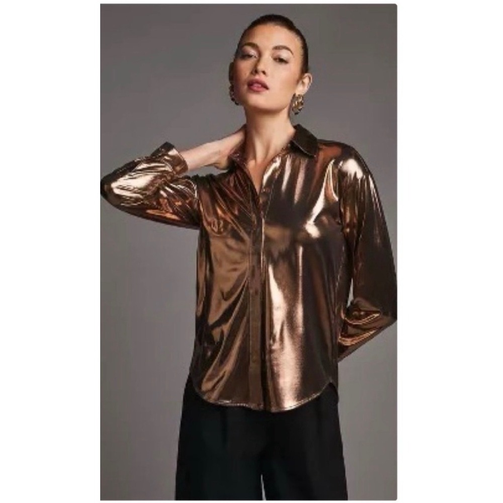 Anthropologie The‎ Gillian Liquid Shine Buttondown Shirt Metallic Bronze Small
